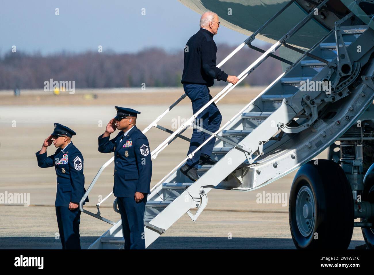 Joint Base Andrews, United States. 01st Feb, 2024. President Joe Biden boards Air Force One at Joint Base Andrews, Maryland, enroute to a campaign event in the Detroit area on Thursday, February, 1, 2024. Photo by Shawn Thew/UPI Credit: UPI/Alamy Live News Stock Photo