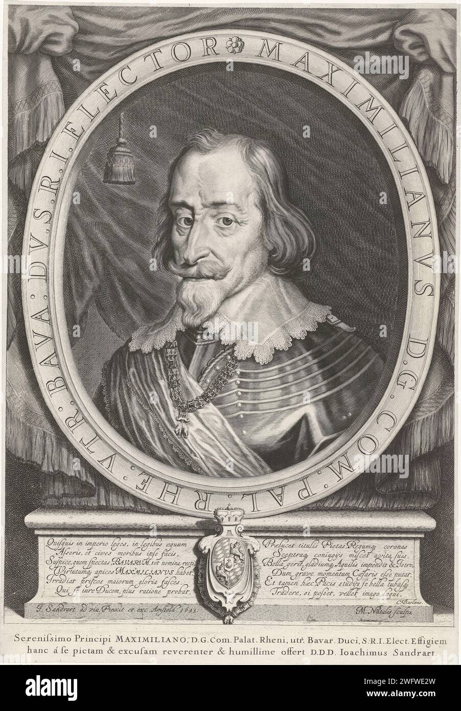 Portrait of Maximilian I van Bavaria, Michel Natalis, After Joachim von Sandrart (I), 1643 print Portrait of Maximilian I van Bavaria, dressed in armor and with sash. The chain of the order of the Golden Fleece hangs on his chest. Bust to the left in Ovaal with edge script. In the middle, under the portrait, his weapon and two six -line verses in Latin. At the bottom of the margin a two -line text in Latin in book print. Amsterdam paper engraving knighthood order of the Golden Fleece - insignia of a knighthood order, e.g.: badge, chain (with NAME of order). armorial bearing, heraldry Stock Photo