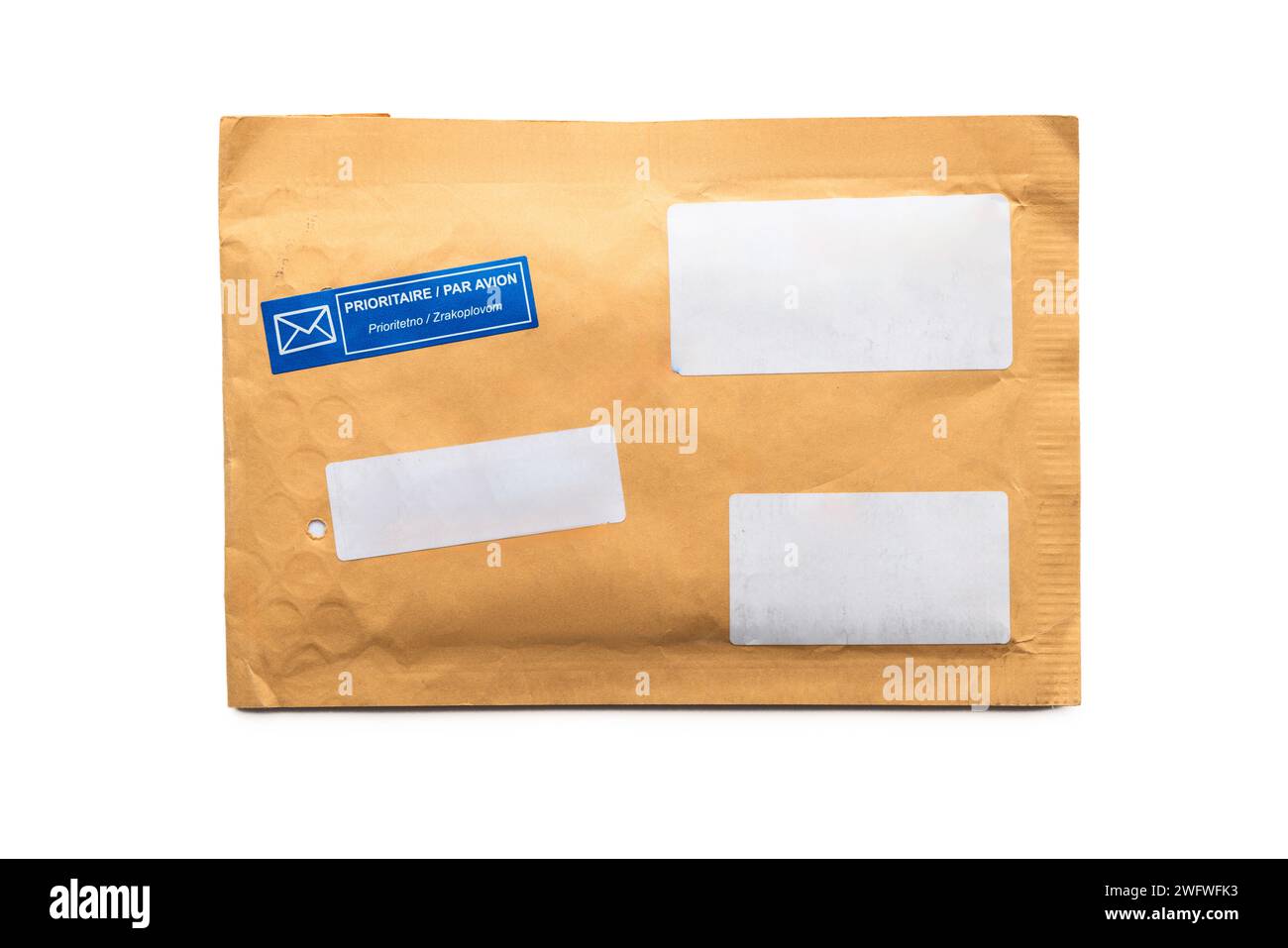 Padded envelope top view isolated on white background, cardboard bag