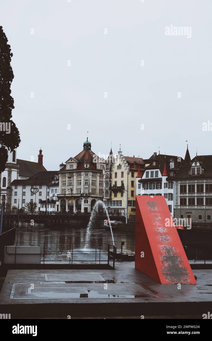 fountain with buildings in the background in the center of Luzern, Switzerland on November 20, 2019 Stock Photo