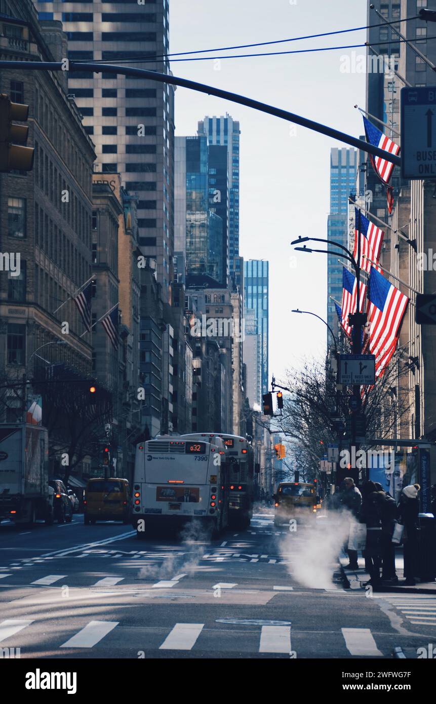 Busy street in downtown Manhattan in New York on February 17, 2020 Stock Photo