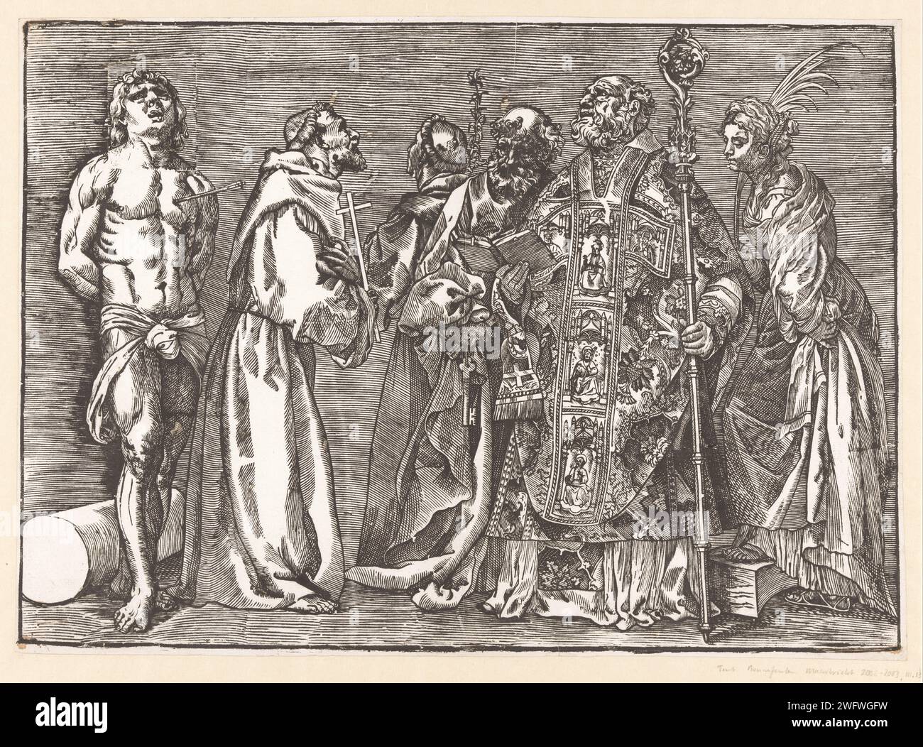 Six standing saints, Titian, Nicolò Boldrini (attributed to), c. 1535 print Six saints, standing next to each other: Sebastiaan with an arrow in his chest, Francis with cross, Antonius with lily, Peter with key, Nicolaas of Myra with book and cromp and Catharina with a piece of the wheel and a palm branch of martyrdom. print maker: VeniceItaly paper  the virgin martyr Catherine of Alexandria; possible attributes: book, crown, emperor Maxentius, palm-branch, ring, sword, wheel. the bishop Nicholas of Myra (or Bari); possible attributes: anchor, boat, three golden balls (on a book), three purses Stock Photo