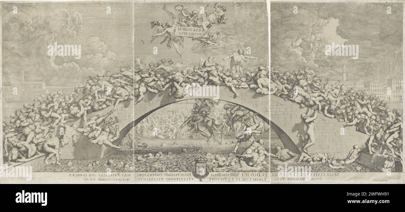 Fight on bridge in Venice, 1660 - 1736 print A large tangle of men in a ...