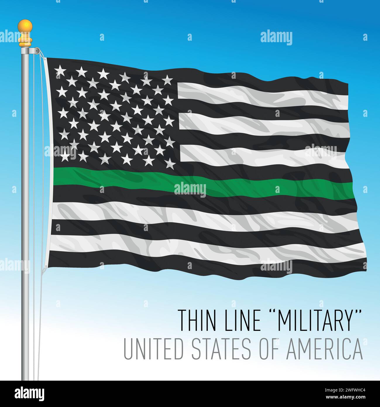 USA, thin line green waving flag, military symbol, United States, vector illustration Stock Vector