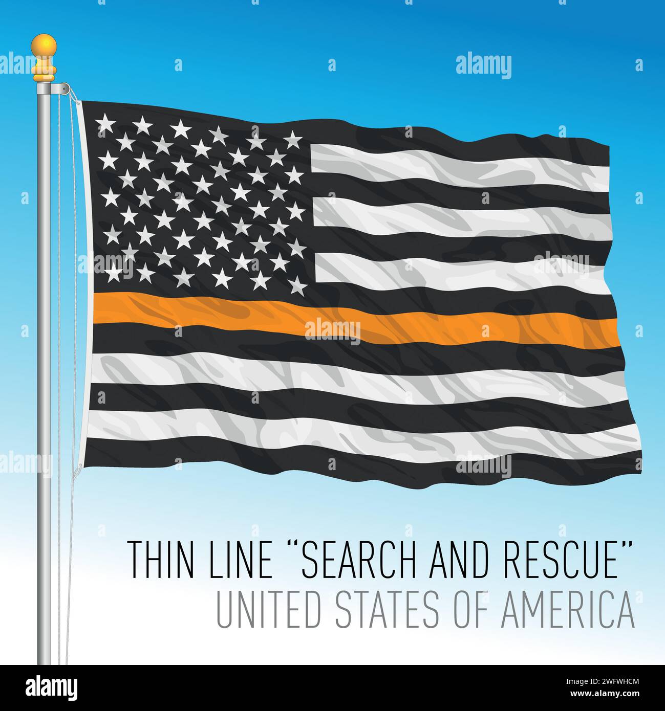 USA, thin line orange waving flag, search and rescue symbol, United States, vector illustration Stock Vector