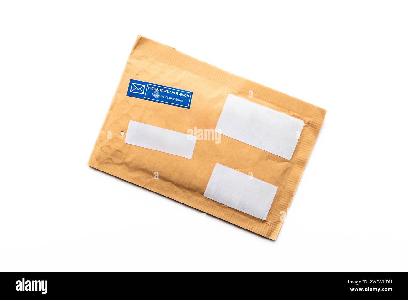 Padded envelope top view isolated on white background, cardboard bag