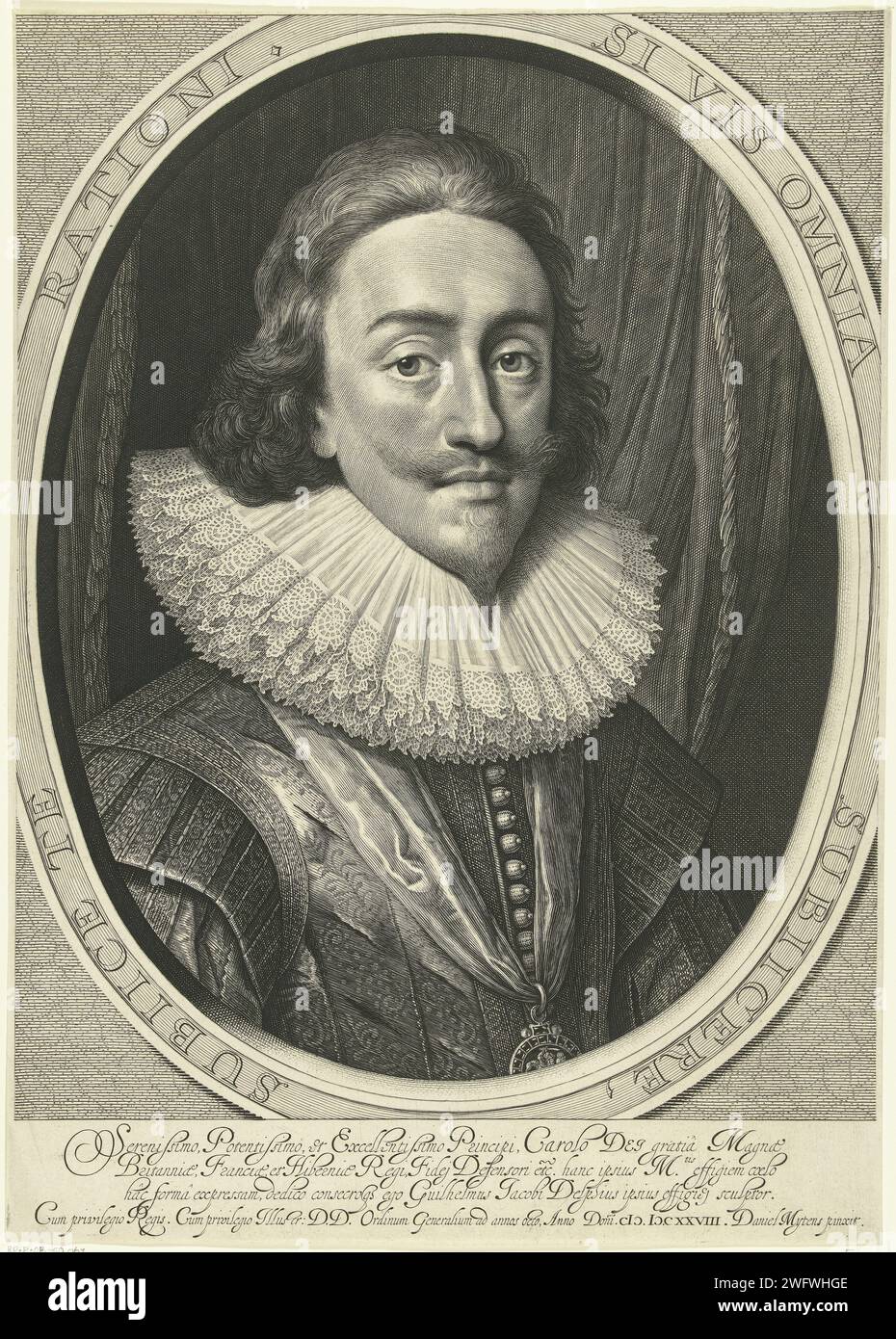 Portrait of Charles I, King of England in Ovaal, Willem Jacobsz Delff, After Daniël Mijtens (I), 1628 print Portrait of Charles I, king of England, breastpiece in oval with pleated remedy and medallion with holy Georgius the Great. Motto on oval accompaniment, Latin inscription in STUDMARGE. Delft paper engraving ruler, sovereign. neck-gear: collar (+ men's clothes) Stock Photo