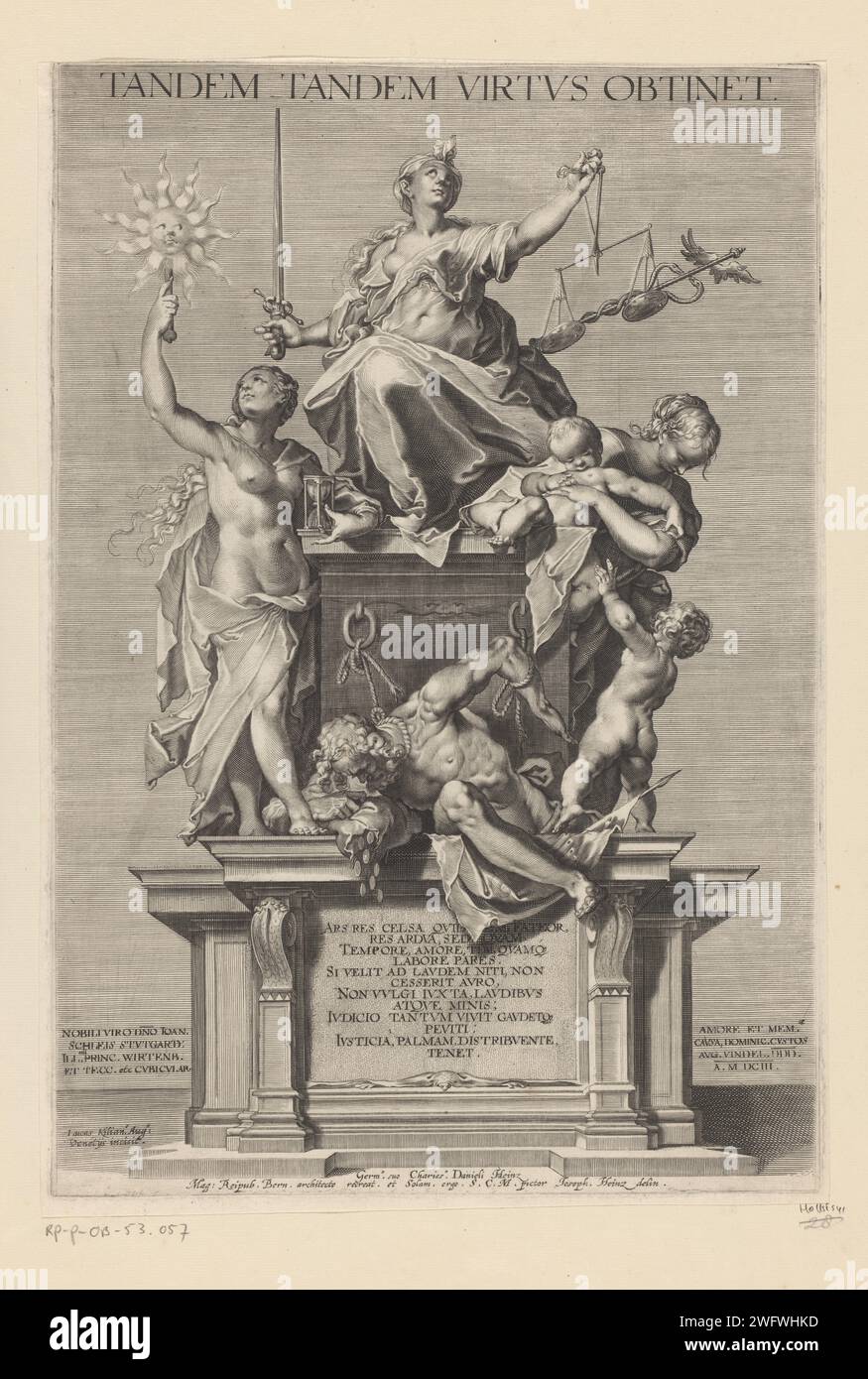 Allegory of virtue with justice (justitia) flanked by time (tempus) and