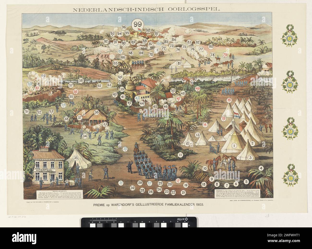 Dutch-Indian war game, 1903 print. gameboard Gooseboard-like play about war in the former Dutch East Indies colony, probably in Aceh. On the left a hospital, on the right a tent camp, in the middle and above Dutch soldiers in fight with the locals. Throughout the image lots with numbers, from 1 to 99. Left and bottom right subjects with the rules. In the middle of the title. publisher: Amsterdamprinter: Amsterdamprint maker: Netherlands paper letterpress printing board-games of chance. board-games. the soldier; the soldier's life. (military) camp with tents. medical aid and nursing of the sick Stock Photo