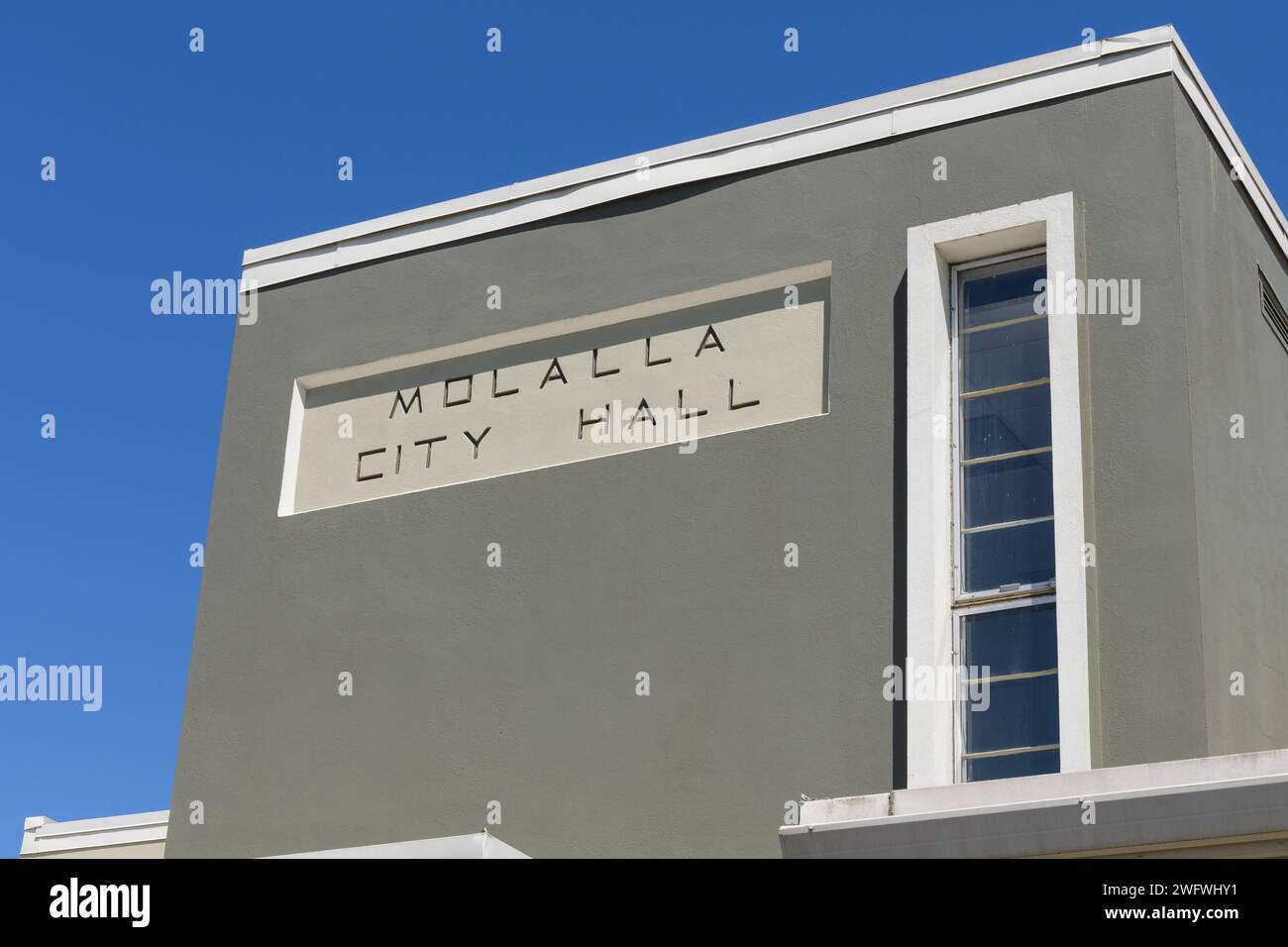 Molalla, OR, USA - June 11, 2023; Name of Molalla City Hall on building in Clackamas County Oregon Stock Photo