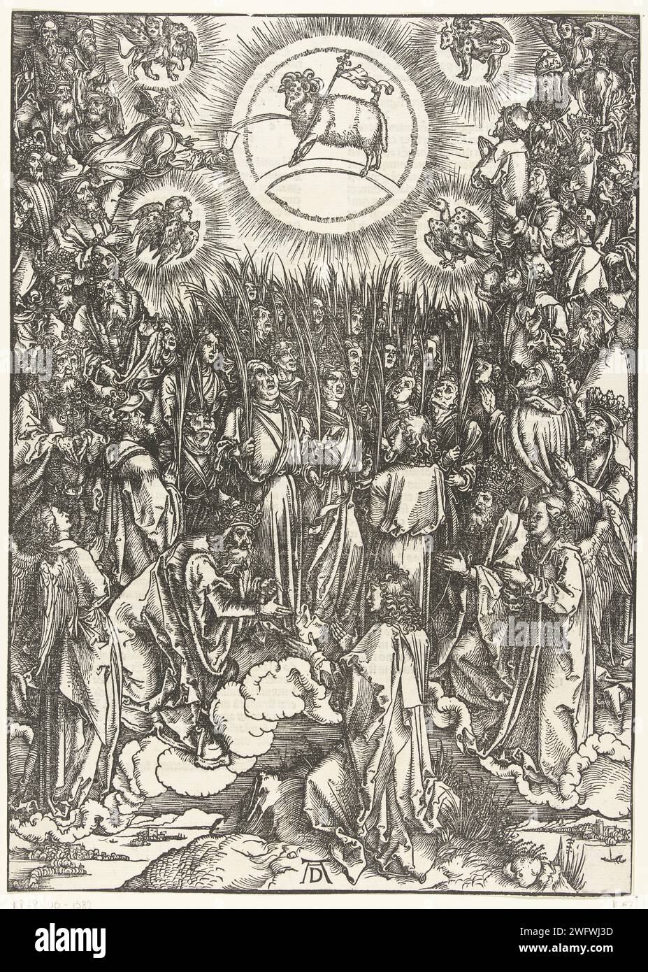 Johannes de Evangelist sees the worship of the Lamb, Albrecht Dürer, 1511 print Johannes sees how martyrs, elders and angels worship the lamb with the seven horns and the seven eyes. That is highly elevated on a rainbow in the sky, surrounded by the four apocalyptic animals (winged lion, winged cattle, eagle and angel). On Versozijde Latin Bible text in Gothic script in two columns. Nuremberg paper letterpress printing adoration of the Lamb (by a multitude in white robes) Stock Photo