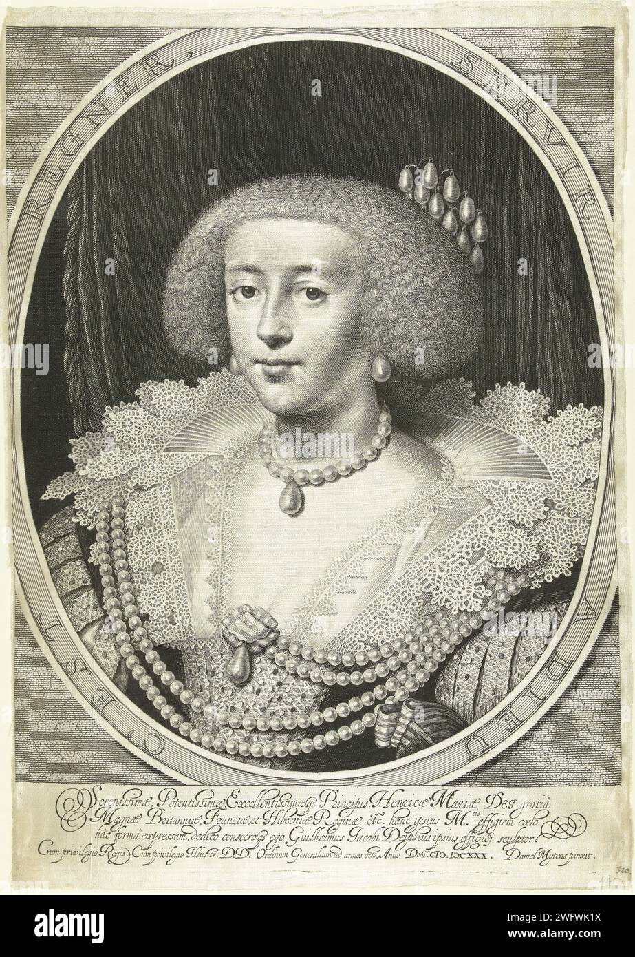 Portrait of Henrietta Maria van Bourbon, Queen of England, Willem Jacobsz Delff, After Daniël Mijtens (I), 1630 print Portrait of Henrietta Maria van Bourbon, queen of England, breastpiece in oval with lace collar and pearls. Motto on oval accompaniment, Latin inscription in STUDMARGE. Delft silk engraving ruler, sovereign - BB - female ruler Stock Photo