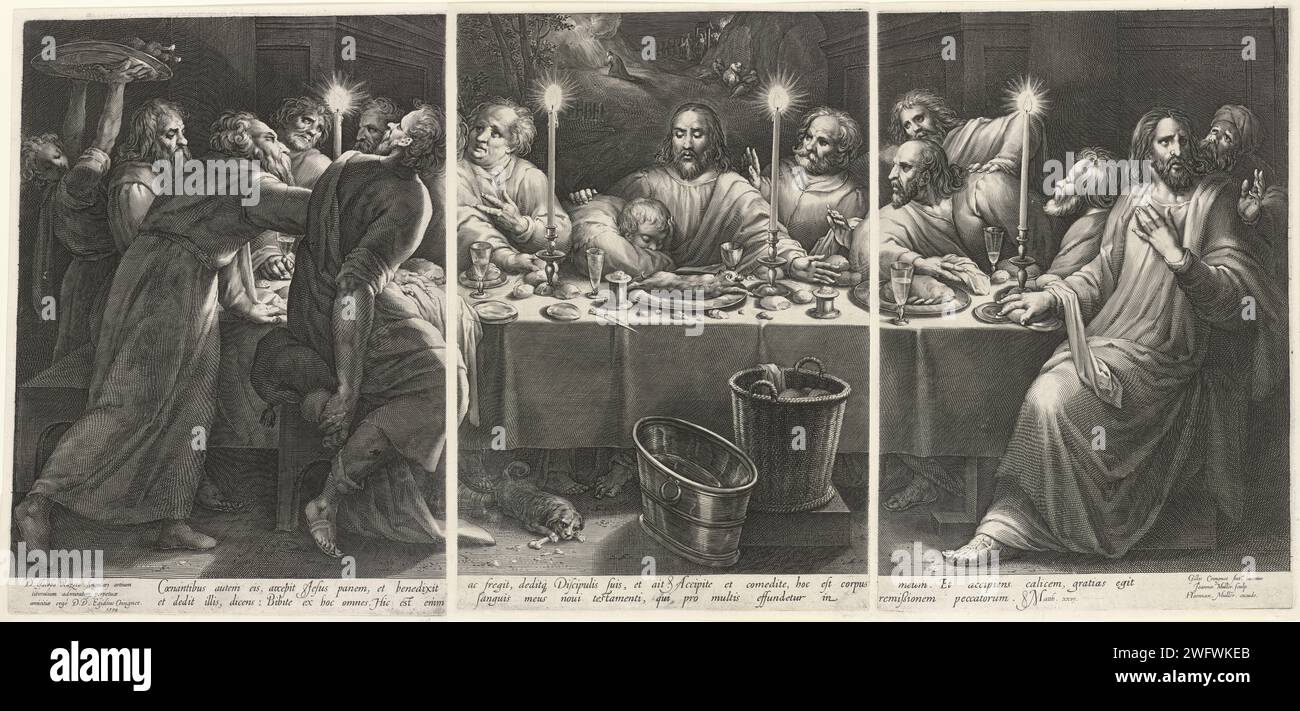 Last Supper, Jan Harmensz. Muller, 1594 print Christ is in the middle of his disciples during the Last Supper. The disciples respond surprised to his statement that one of them will betray him. Judas keeps the bag with silver pieces behind his back. In the background the representation of Christ in the Hof of Getsemane. In the middle of the margin a reference to the Bible text in Latin. Amsterdam paper engraving announcement of the betrayal of Christ, and the reaction of the apostles Stock Photo
