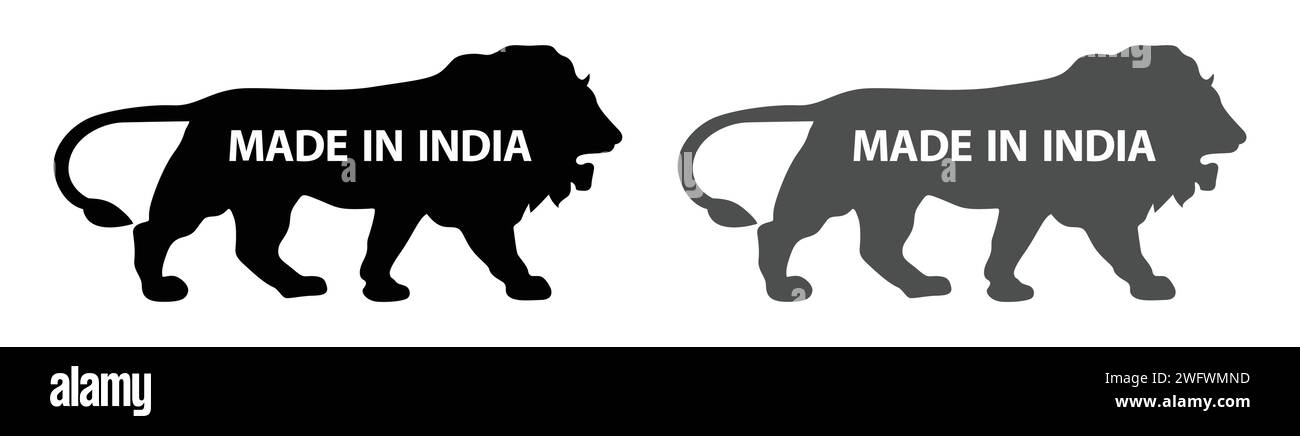 Made in India sticker icon with lion silhouette. Made in India symbol icon set for Indian products and industrial usage. Made in India lion icon. Stock Vector
