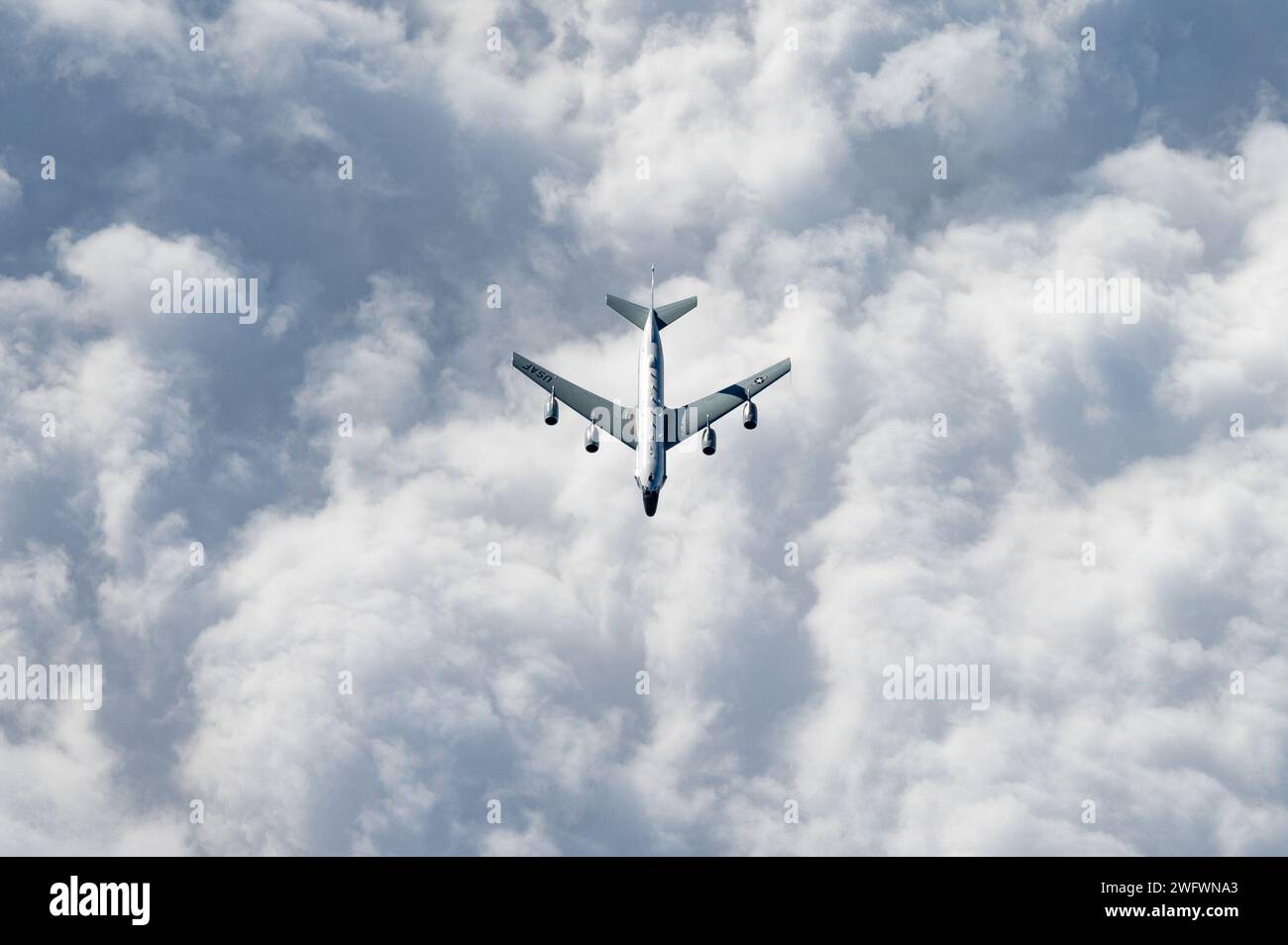 A U.S. Air Force RC135 Rivet Joint assigned to the 82nd Reconnaissance Squadron descends after
