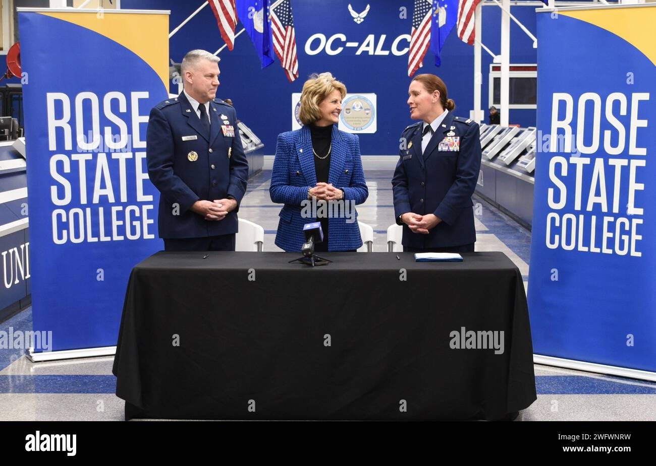 TINKER AIR FORCE BASE, Okla. — Col. Abigail Ruscetta, right, commander of the 72nd Air Base Wing, provides remarks during a ceremonial signing event in celebration of the education partnership agreement among Rose State College, the OC-ALC and the 72nd Air Base Wing on Tinker Air Force Base, Oklahoma, Jan. 17. The partnership provides Rose State with access to industry resources and experts while providing a pipeline for Rose’s STEM students to explore a career at the OC-ALC, which is the largest single-site employer in the state of Oklahoma. Stock Photo