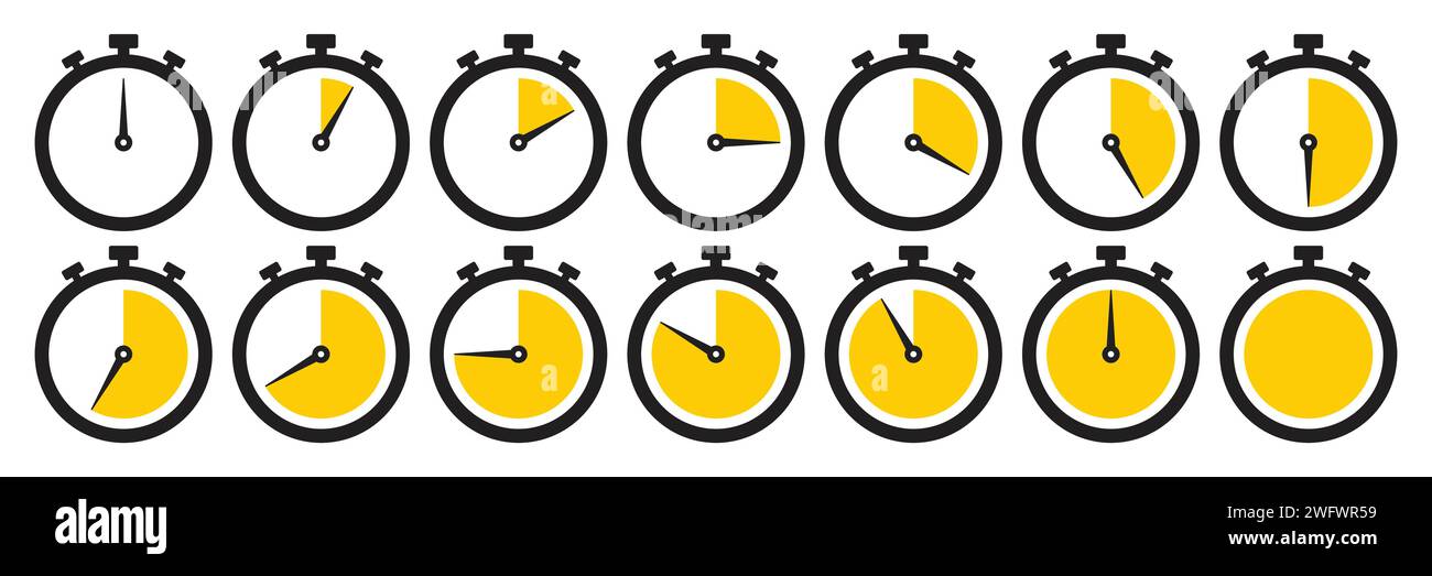 Clock icon set in yellow color. Stopwatch symbol set. Countdown clock stopwatch, timer vector illustation. Collection of timer icon set in yellow. Stock Vector