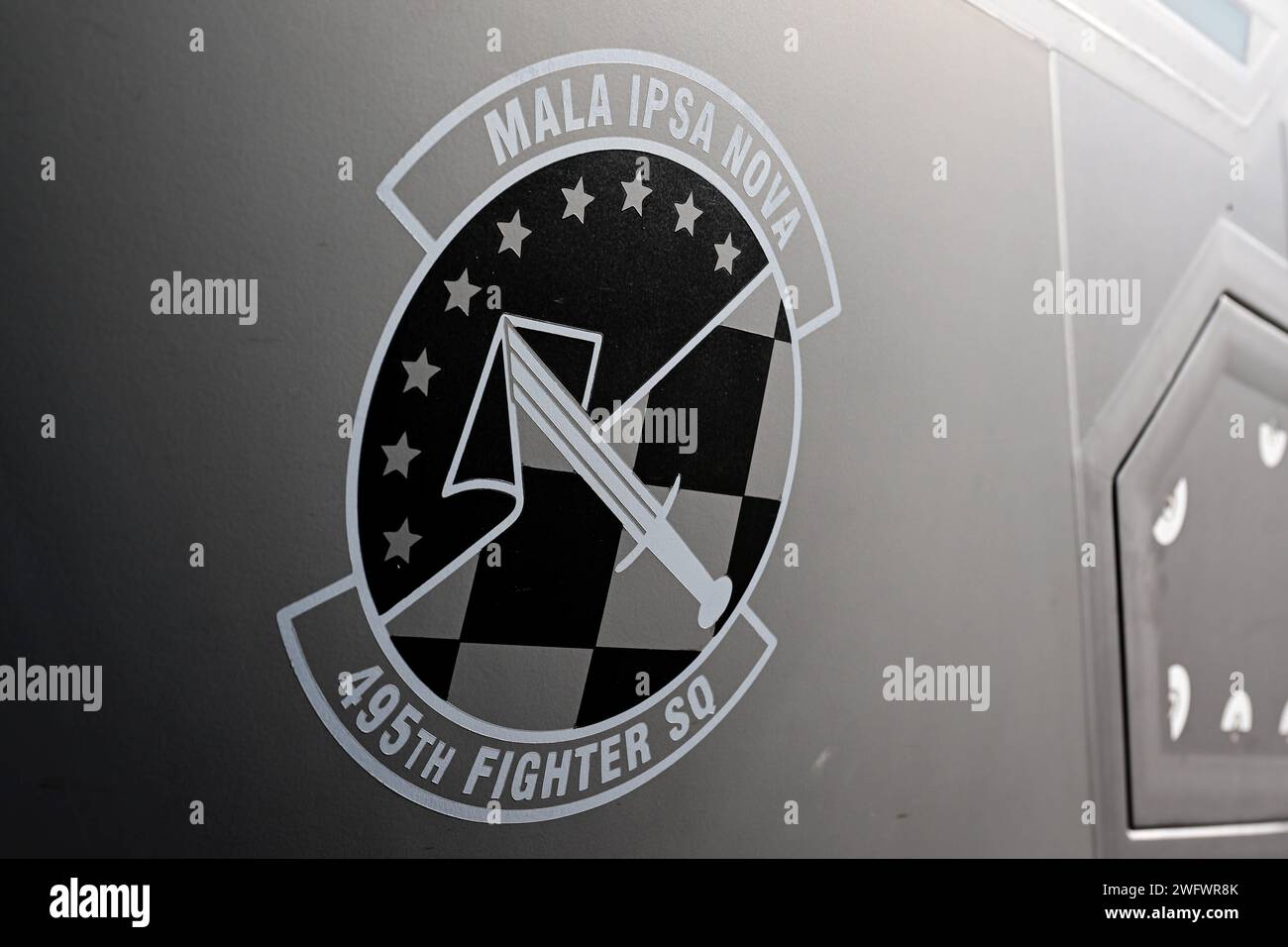 The 495th Fighter Squadron logo is displayed on the side of a U.S. Air Force F-35A Lightning II at Aviano Air Base, Italy, Jan. 16, 2024. Integration flying training is key to ensuring NATO objectives to enhance interoperability and increase our readiness and capabilities. Stock Photo