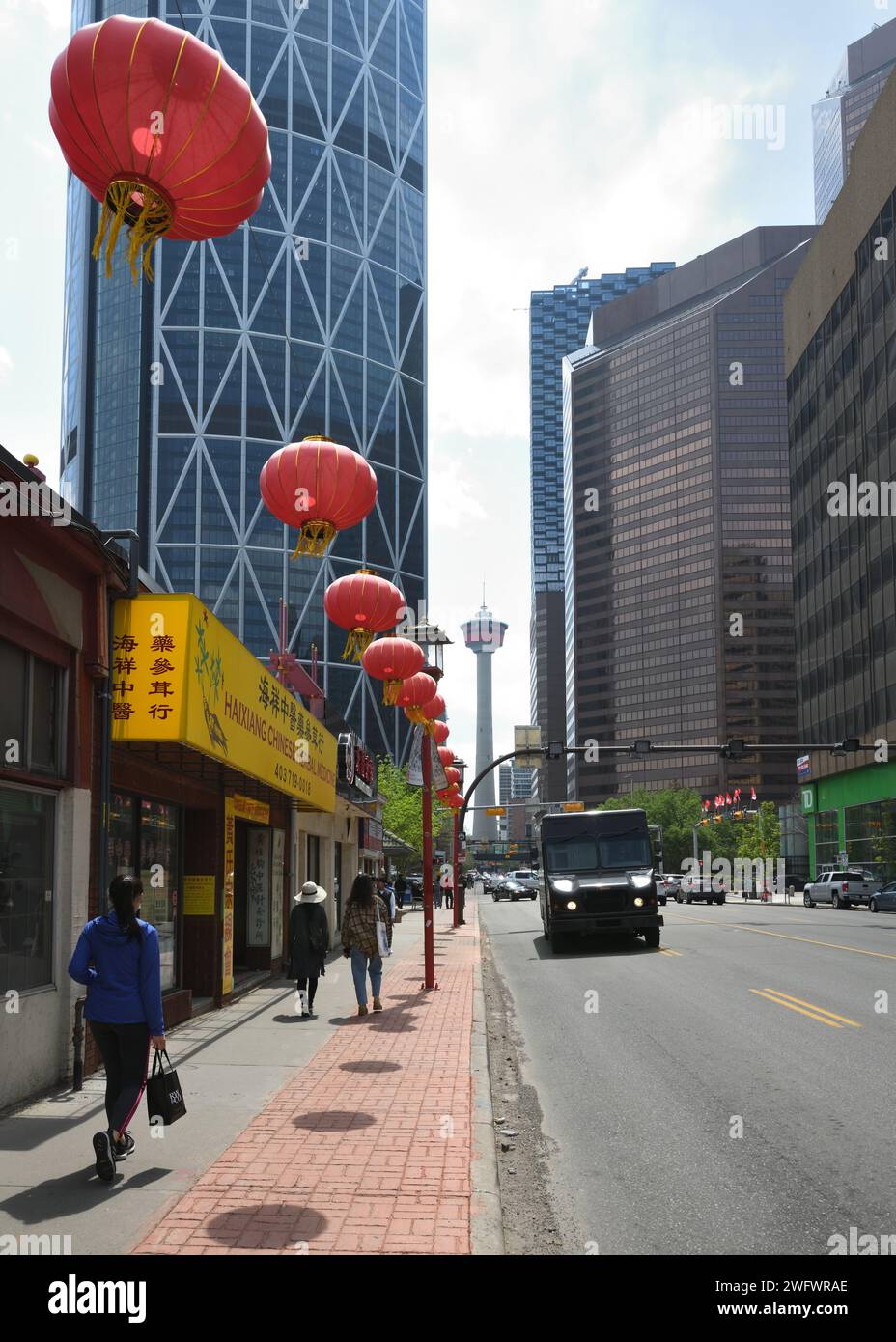 Chinese lanterns line the sidewalk in Chinatown, Calgary, Alberta