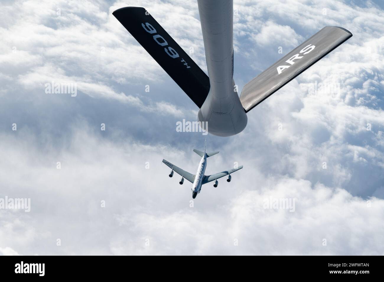 A U.S. Air Force RC135 Rivet Joint assigned to the 82nd Reconnaissance Squadron descends after