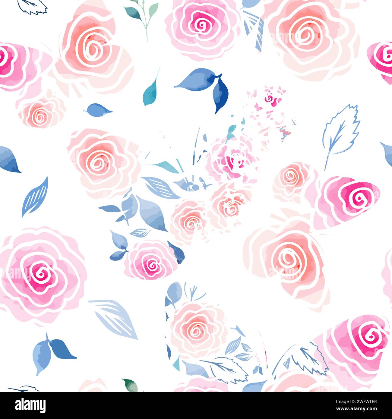Seamless pattern of butterflies and watercolor flowers. hand drawing ...