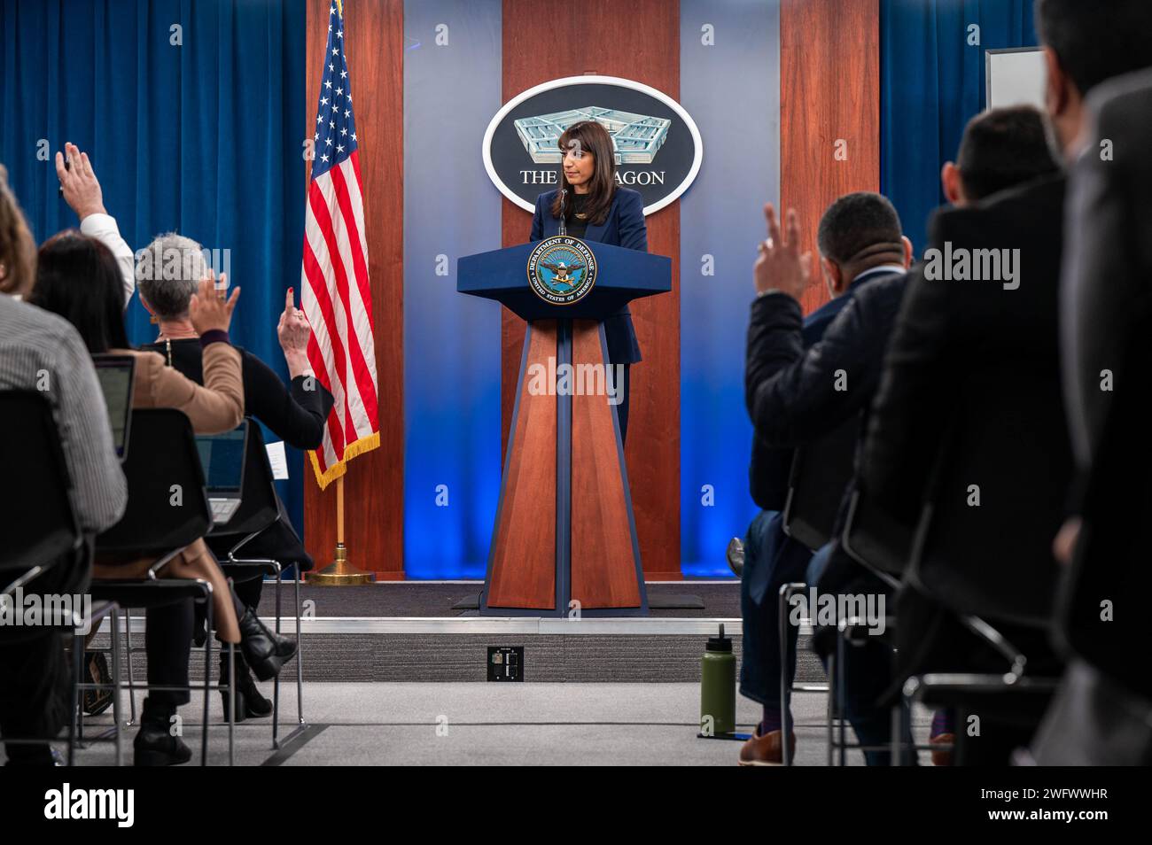 Deputy Pentagon Press Secretary Sabrina Singh conducts a press briefing at the Pentagon, Washington, D.C., Jan. 29, 2024. Stock Photo