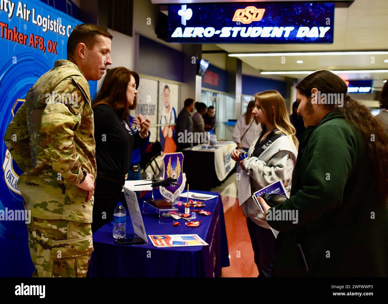 OKLAHOMA CITY —Col Jeffrey Anderson, left, deputy commander of the Oklahoma City Air Logistics Complex, and Tina Murphy, a member of the OC-ALC community engagement & outreach team, speak to high school students at the OC-ALC informational booth during the OKC Thunder’s Aero-Student Day at the Paycom Center Jan. 23. More than 450 high school students attended the event to learn more about careers in the aerospace industry. Stock Photo