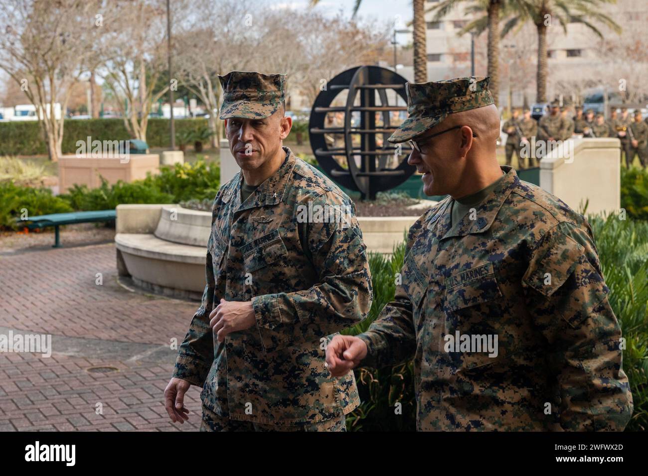 U.S. Marine Corps Sgt. Maj. Rafael Rodriguez, Command Senior Enlisted Leader, U.S. Southern Command, is greeted by Brig. Gen. Omar Randall, deputy commander of Marine Forces Reserve and Marine Forces South, during his visit to the Marine Corps Support Facility, New Orleans, Louisiana, Jan. 8, 2024. During his visit, Rodriguez discussed the Marine Forces South mission as a part of SOUTHCOM during a command brief, attended a retirement ceremony and toured the Naval Small Craft Instruction and Technical Training School. SOUTHCOM is a joint command comprised of more than 1,200 military and civilia Stock Photo