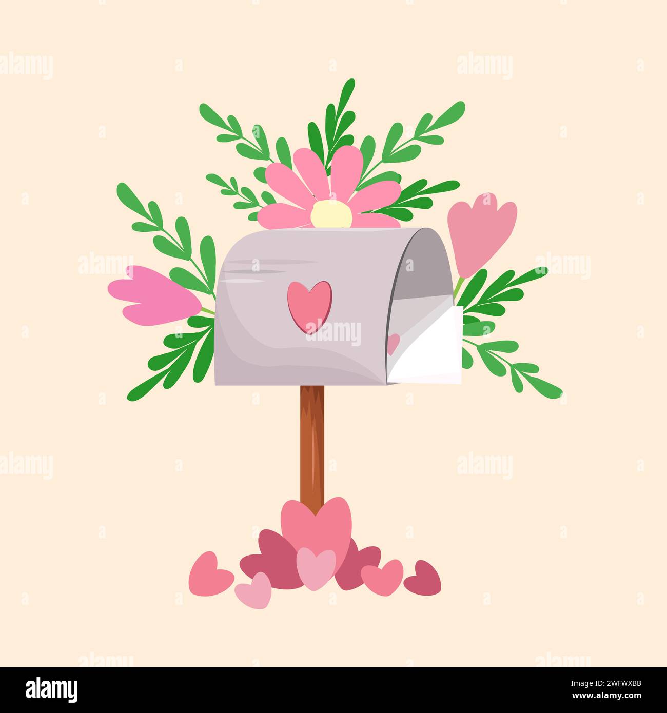 A gray metal mailbox on a brown foot with Valentine s Day envelopes stands in a pile of scattered pink hearts. Flowers and leaves. Vector Stock Vector