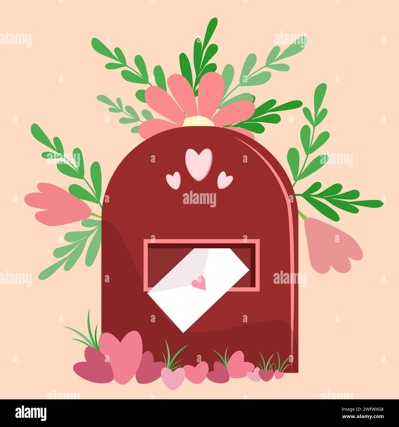 A brown metal mailbox with a Valentine s Day envelope stands in a pile of scattered pink hearts and grass. Flowers and leaves. Vector Stock Vector