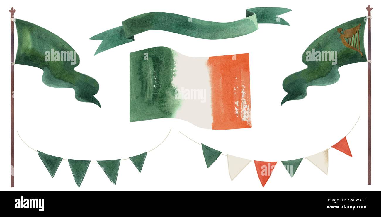Set of flags and ribbons for Irish holidays. Decor for St. Patrick's Day. Isolated watercolor illustration on white background. Clipart Stock Photo