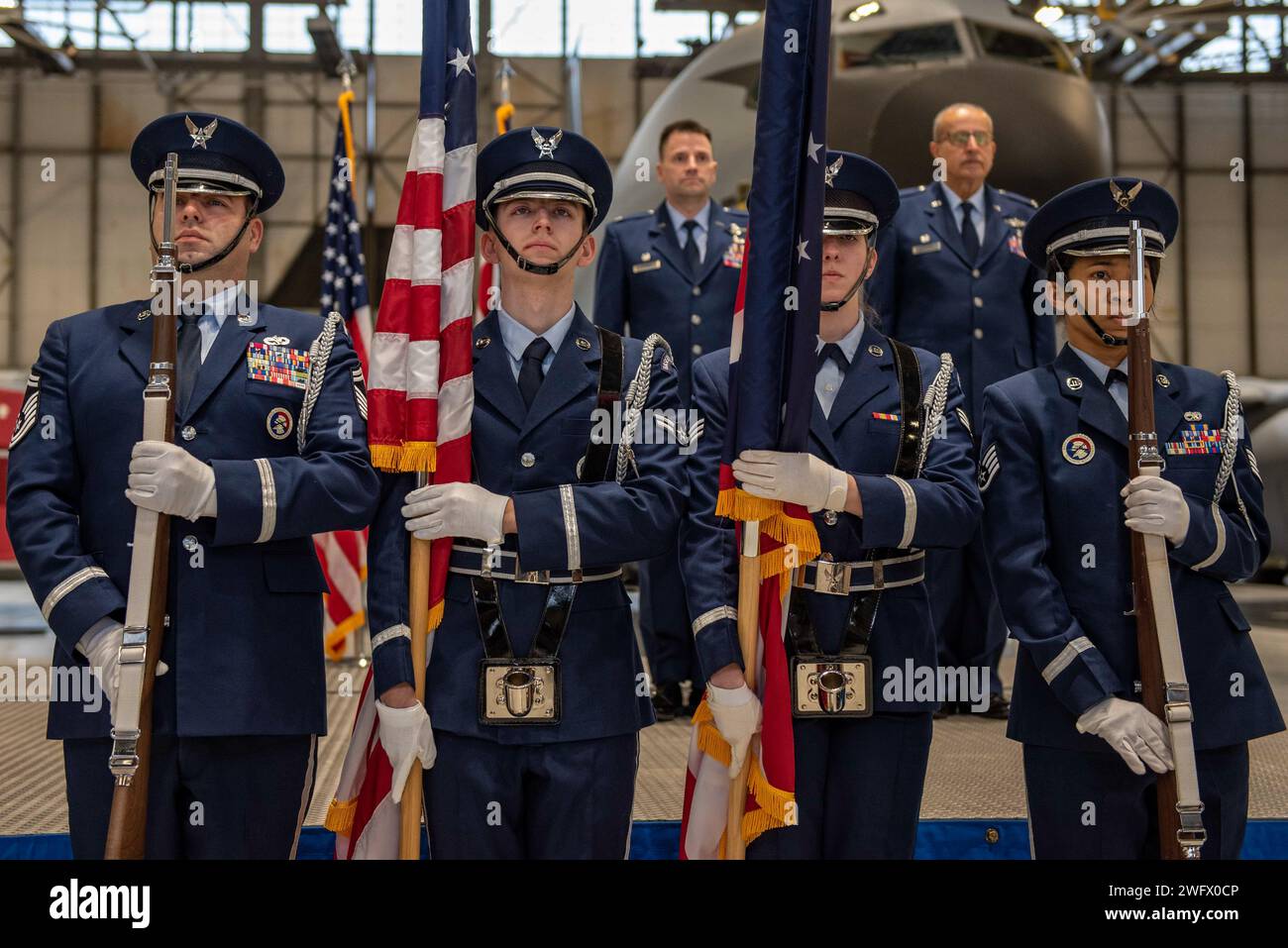 A retirement ceremony honoring Col. Mussaret Zuberi is held at Rickenbacker Air National Guard Base, Columbus, Ohio, Jan. 07, 2024. Zuberi served as the 121st Medical Group commander, and the ceremony was attended by family, friends, and members of the 121st ARW. Stock Photo