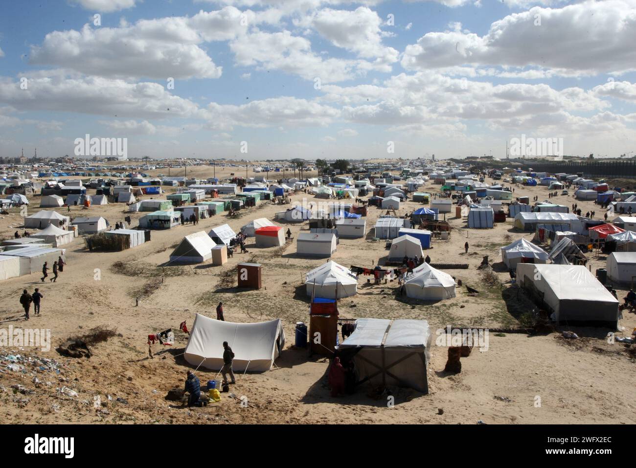 Rafah, Gaza. 30th Jan, 2024. A tent camp shelters refugees who have