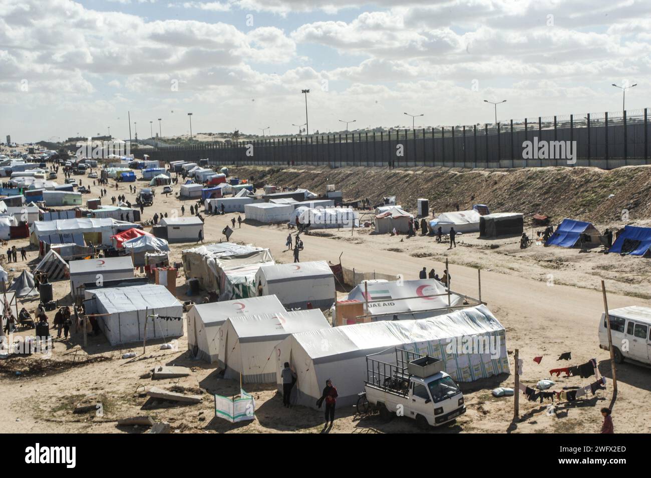 Rafah, Gaza. 30th Jan, 2024. A tent camp shelters refugees who have
