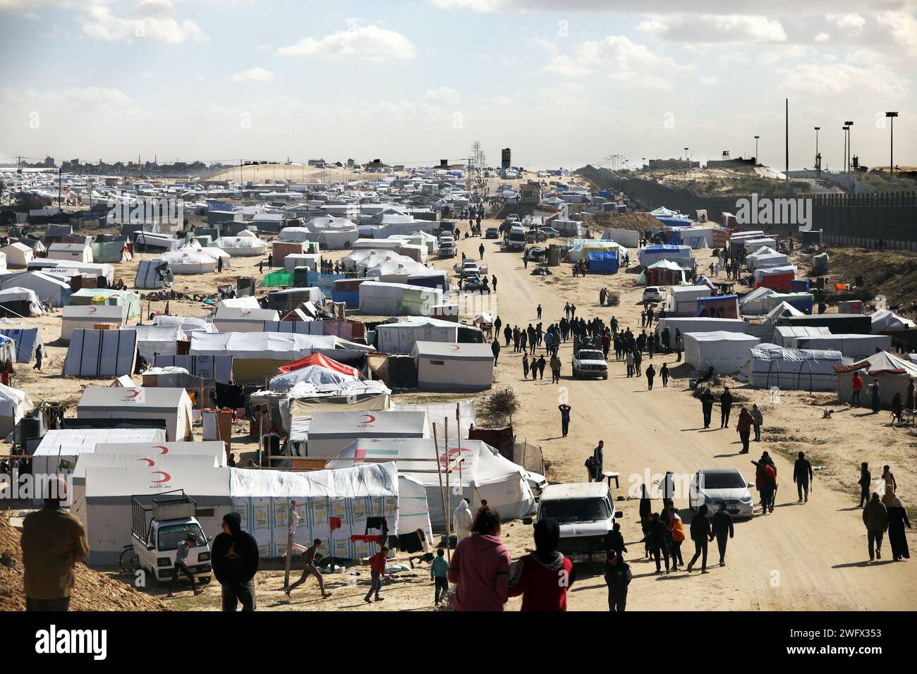 Rafah, Gaza. 30th Jan, 2024. A tent camp shelters refugees who have
