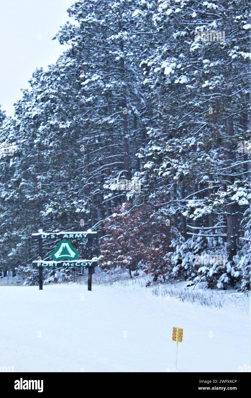 One of the installation signs is shown covered in snow Jan. 11, 2024, at Fort McCoy, Wis. Between Jan. 9-13, 2024, at Fort McCoy, the installation received more than 18 inches of snow over that span, plus the snowfall was followed by below-zero temperatures. The snowy weather also caused the installation to go to minimal staffing on Jan. 9 and 12 as driving conditions in the local areas were considered less than favorable. Stock Photo