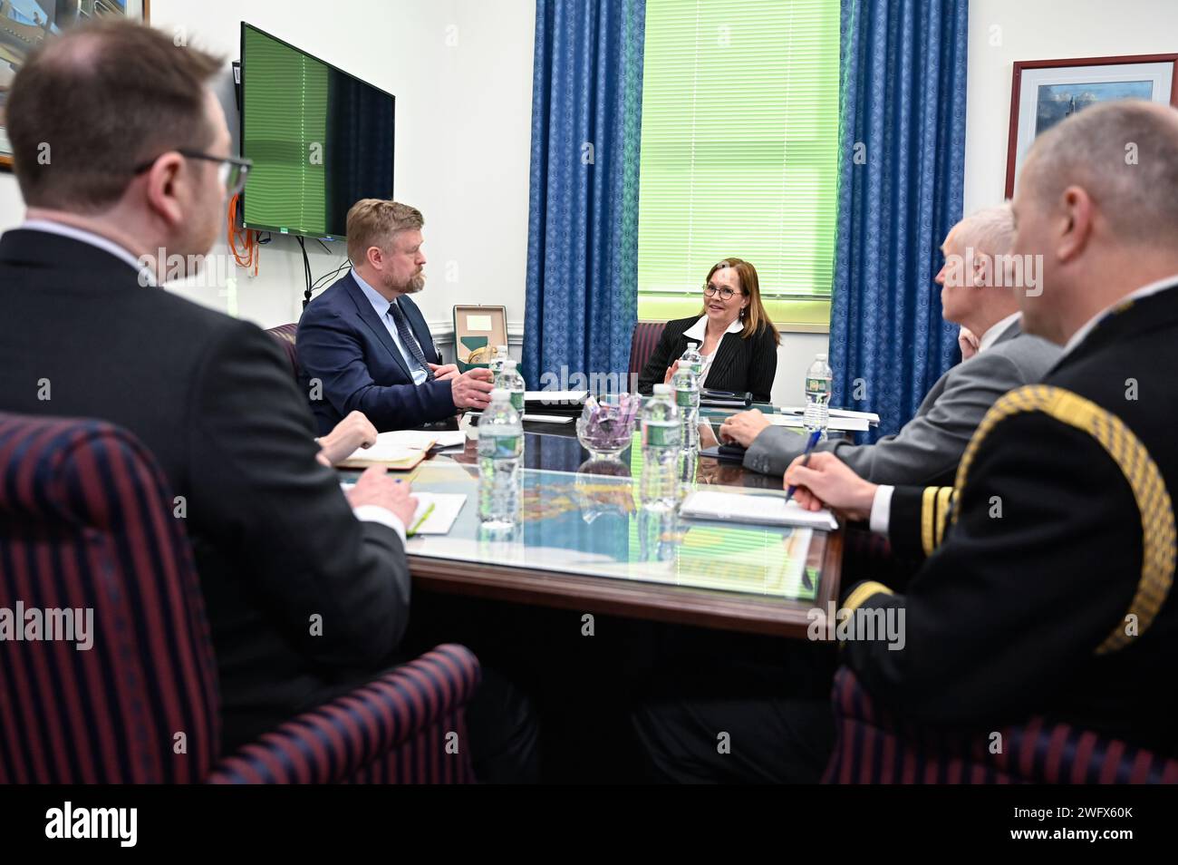 Kelli Seybolt, deputy undersecretary of the Air Force for international affairs, speaks with Iceland Chief of Defence Jónas Allansson during a meeting at the Pentagon, Arlington, Va., Jan. 22, 2024. Stock Photo