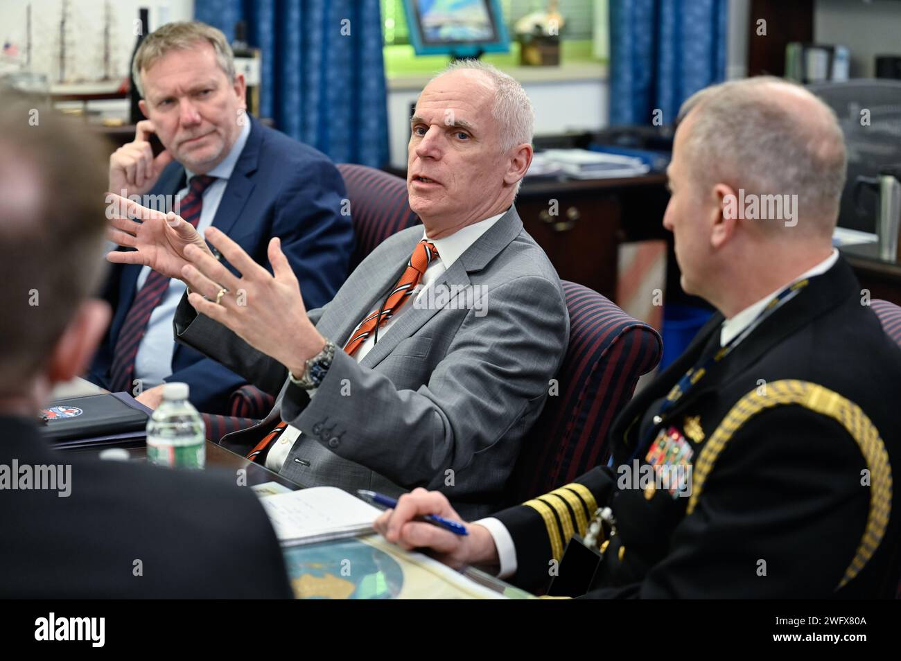Thomas Lawhead, assistant deputy chief of staff of the Air Force for strategy, integration and requirements, speaks with Iceland Chief of Defence Jónas Allansson during a meeting at the Pentagon, Arlington, Va., Jan. 22, 2024. This image has been altered to obscure security badges. Stock Photo