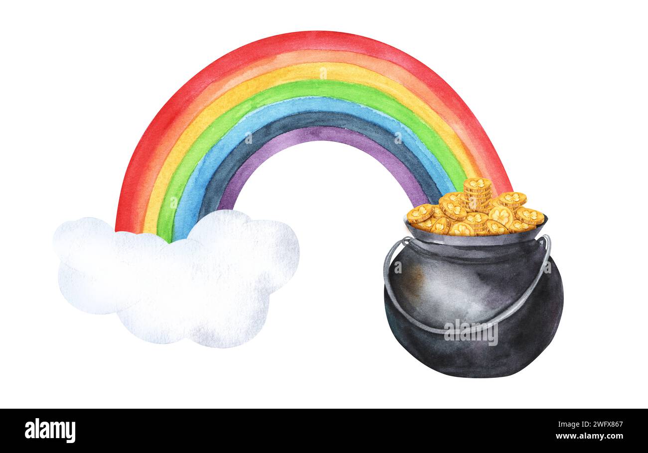 Leprechaun pot of gold at the end of rainbow illustration isolated on white background