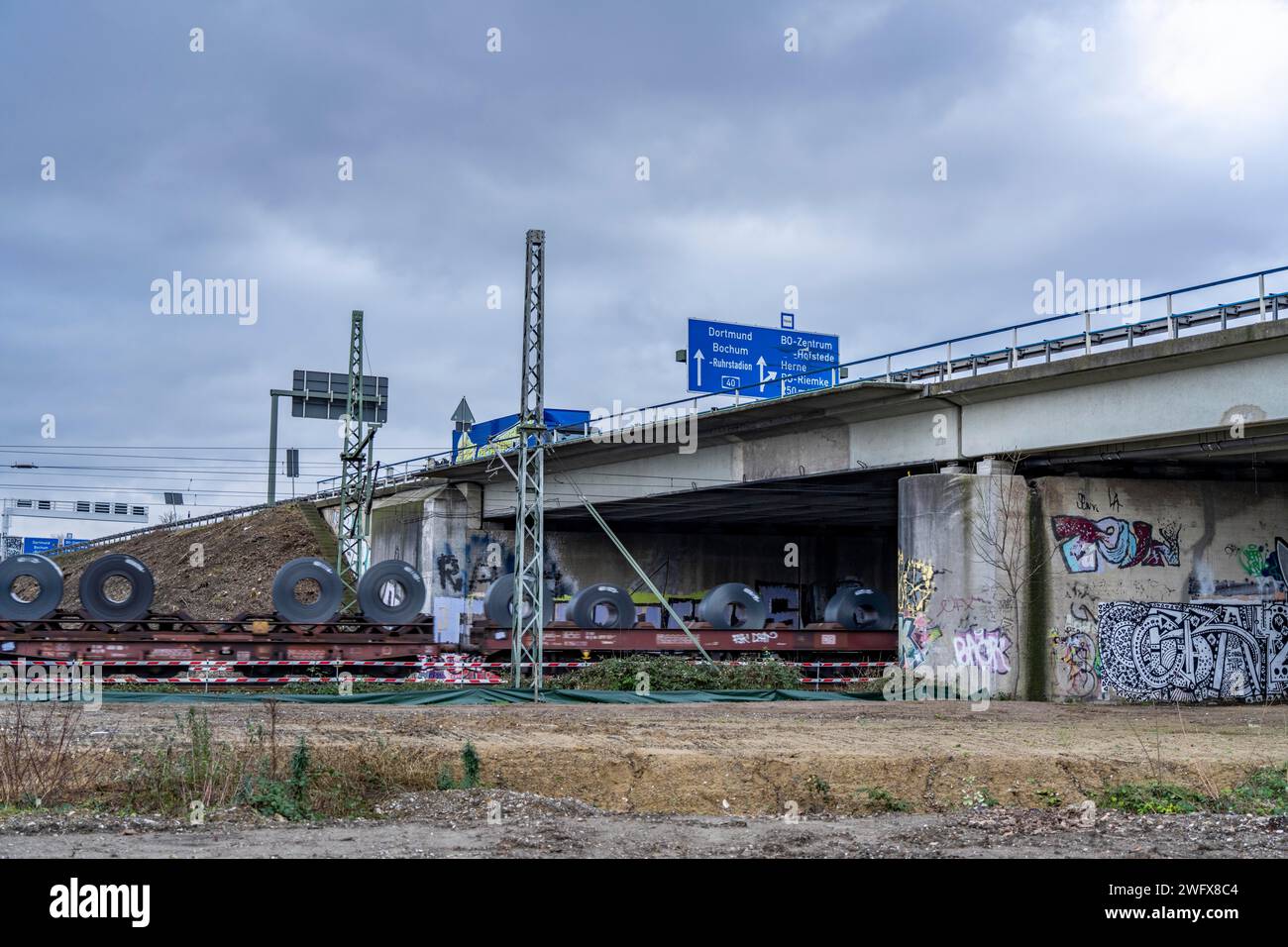 Freeway bridge of the A40, over a 3-track railroad line, between Bochum ...