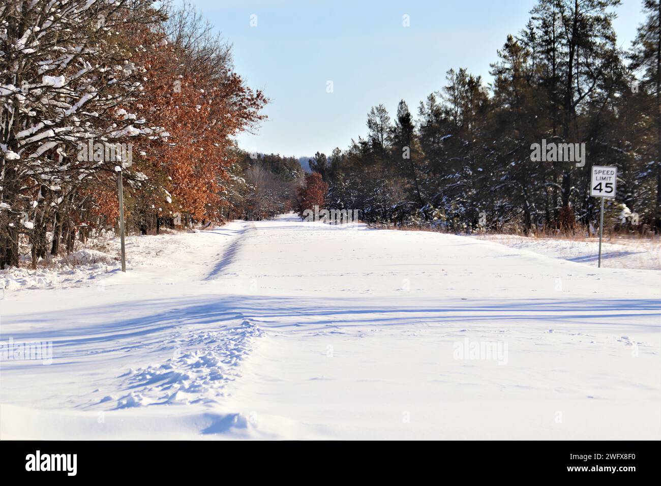 One of the installation’s roads is shown covered in snow on North Post on Jan. 16, 2024, at Fort McCoy, Wis. Between Jan. 9-13, 2024, at Fort McCoy, the installation received more than 18 inches of snow over that span, plus the snowfall was followed by below-zero temperatures. The snowy weather also caused the installation to go to minimal staffing on Jan. 9 and 12 as driving conditions in the local areas were considered less than favorable. Stock Photo