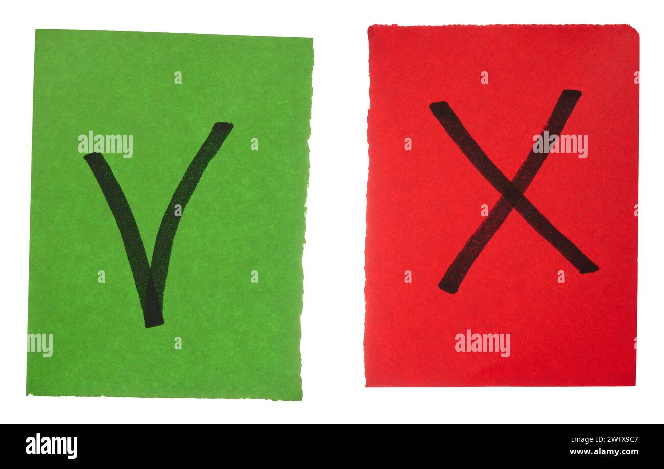 Red and green cards with a check mark and a cross, marking correctly and not Stock Photo