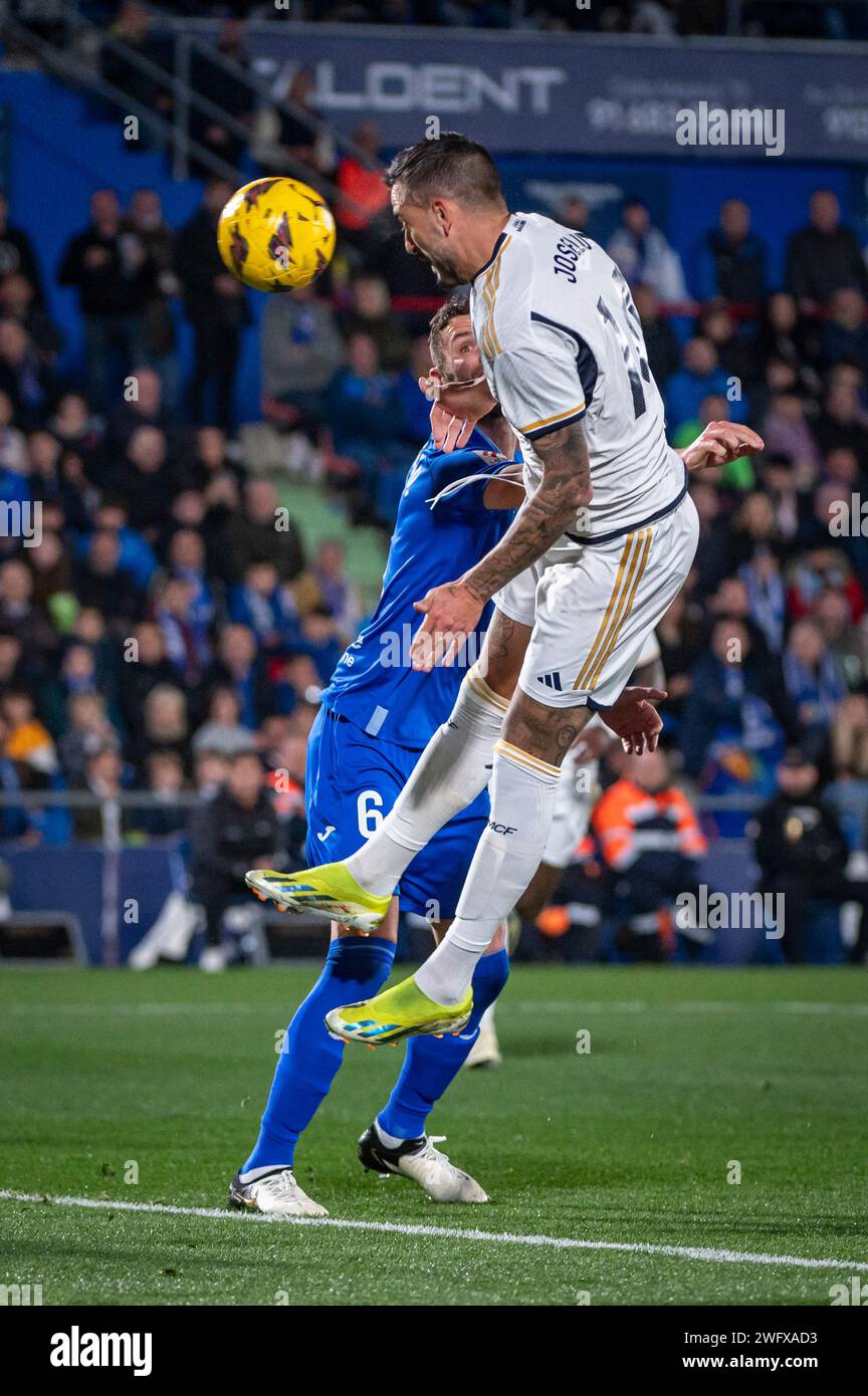 Getafe, Madrid, Spain. 1st Feb, 2024. Jose Luis Sanmartin Mato (Joselu) of Real Madrid seen scoring a goal with a head hit during the La Liga EA Sports 2023/24 football match between Getafe vs Real Madrid at Coliseum stadium in Getafe, Spain. (Credit Image: © Alberto Gardin/ZUMA Press Wire) EDITORIAL USAGE ONLY! Not for Commercial USAGE! Stock Photo