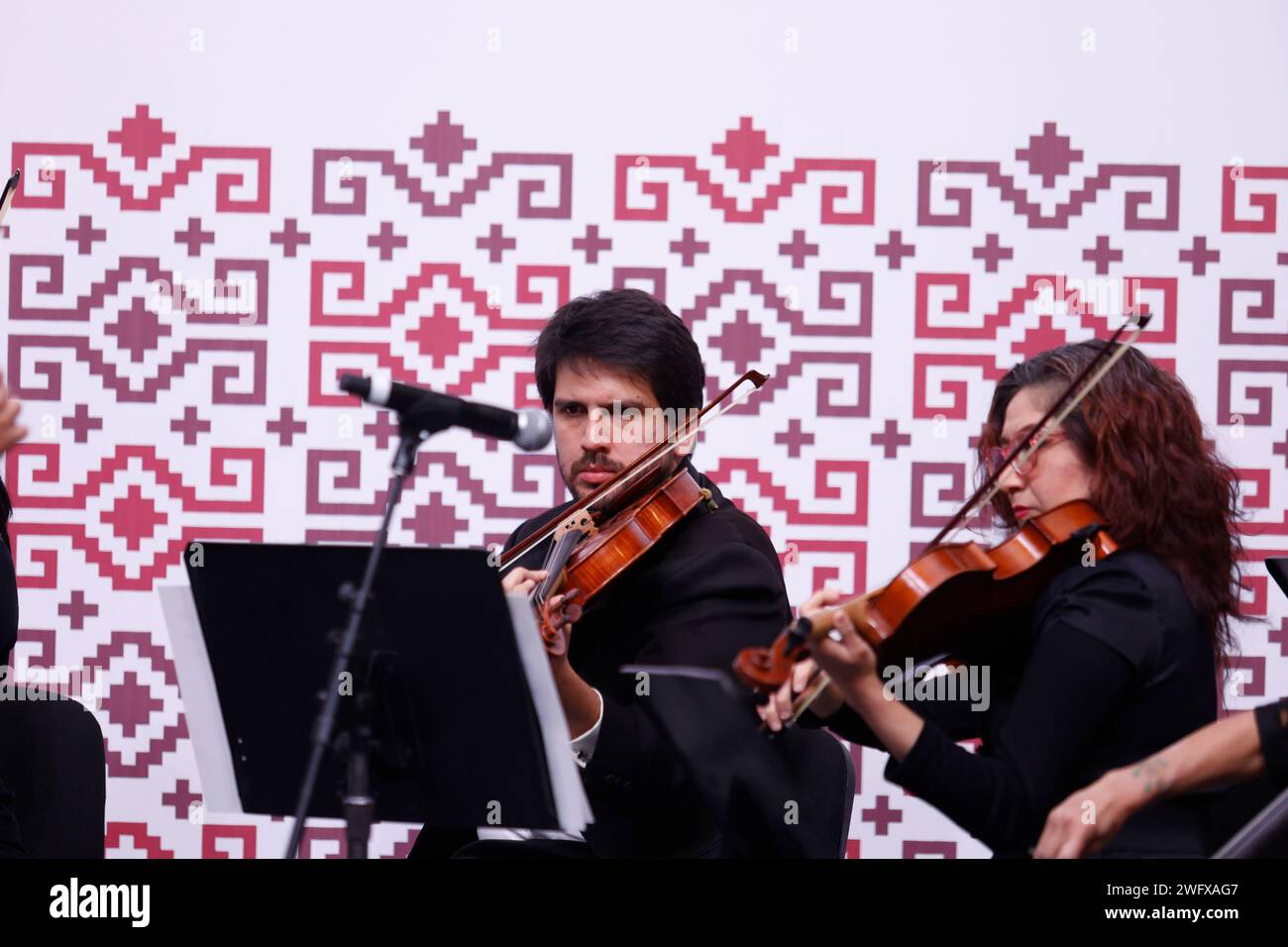 Mexico City, Mexico. 11th Feb, 2023. February 1, 2024, Mexico City, Mexico: members of the symphonic Orchestra play during a press conference to the announce of Great Cultural Activities for the month of February 2024 at Old Town Hall Palace. on February 1, 2024 in Mexico City, Mexico. (Photo by Alejandro Medina Guzman/ Eyepix Group/Sipa USA) Credit: Sipa USA/Alamy Live News Stock Photo