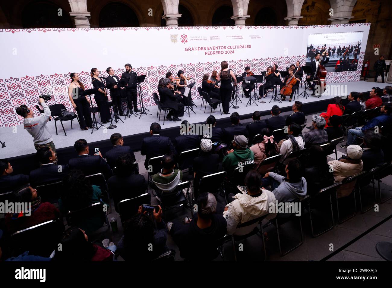 Mexico City, Mexico. 11th Feb, 2023. February 1, 2024, Mexico City, Mexico: members of the symphonic Orchestra play during a press conference to the announce of Great Cultural Activities for the month of February 2024 at Old Town Hall Palace. on February 1, 2024 in Mexico City, Mexico. (Photo by Alejandro Medina Guzman/ Eyepix Group/Sipa USA) Credit: Sipa USA/Alamy Live News Stock Photo