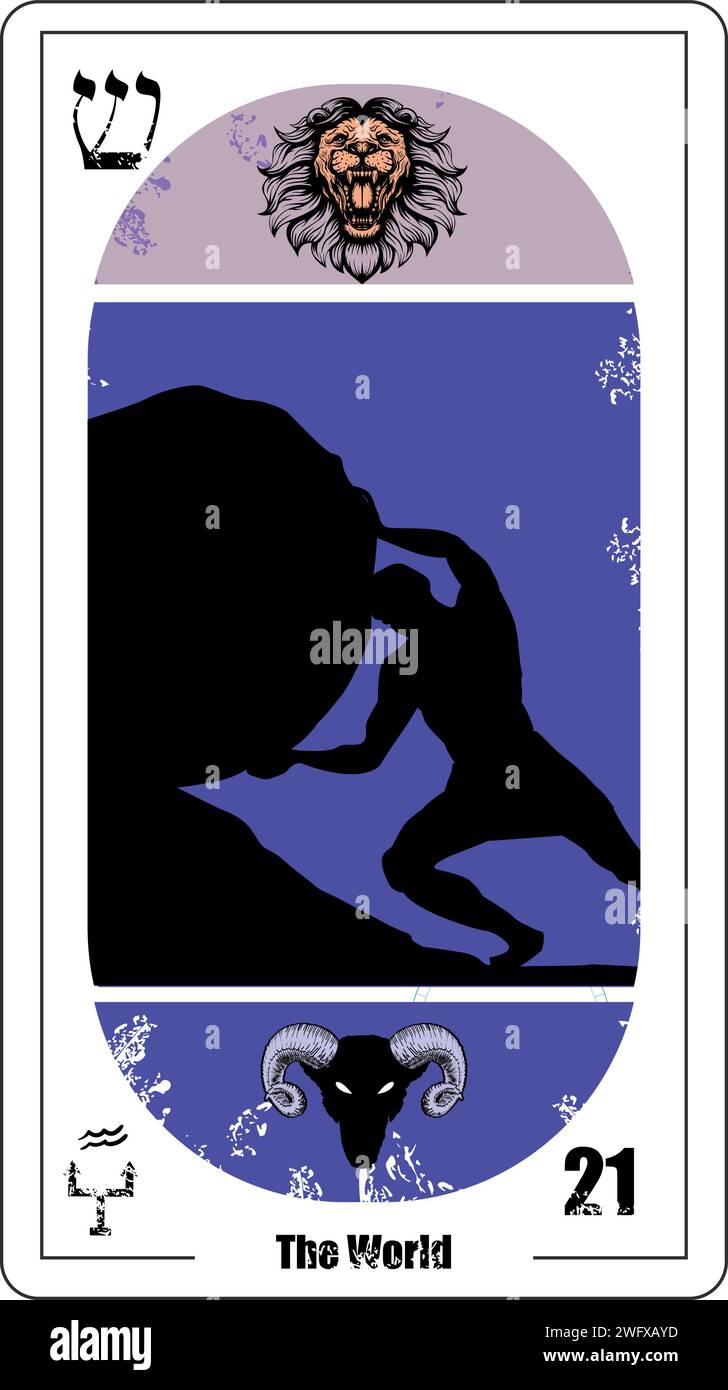 Egyptian tarot card number twenty-one, called The World. Silhouette of Sisyphus, and the heads of a lion and a goat. Neptune in Aquarius. Stock Vector