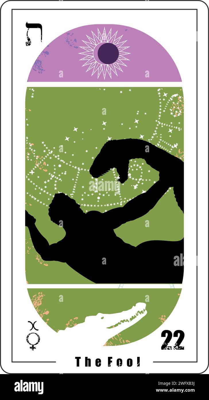 Egyptian tarot card number twenty-two, called The Fool. Symbols Mercury in Pisces, an eclipse and a crocodile. Stock Vector