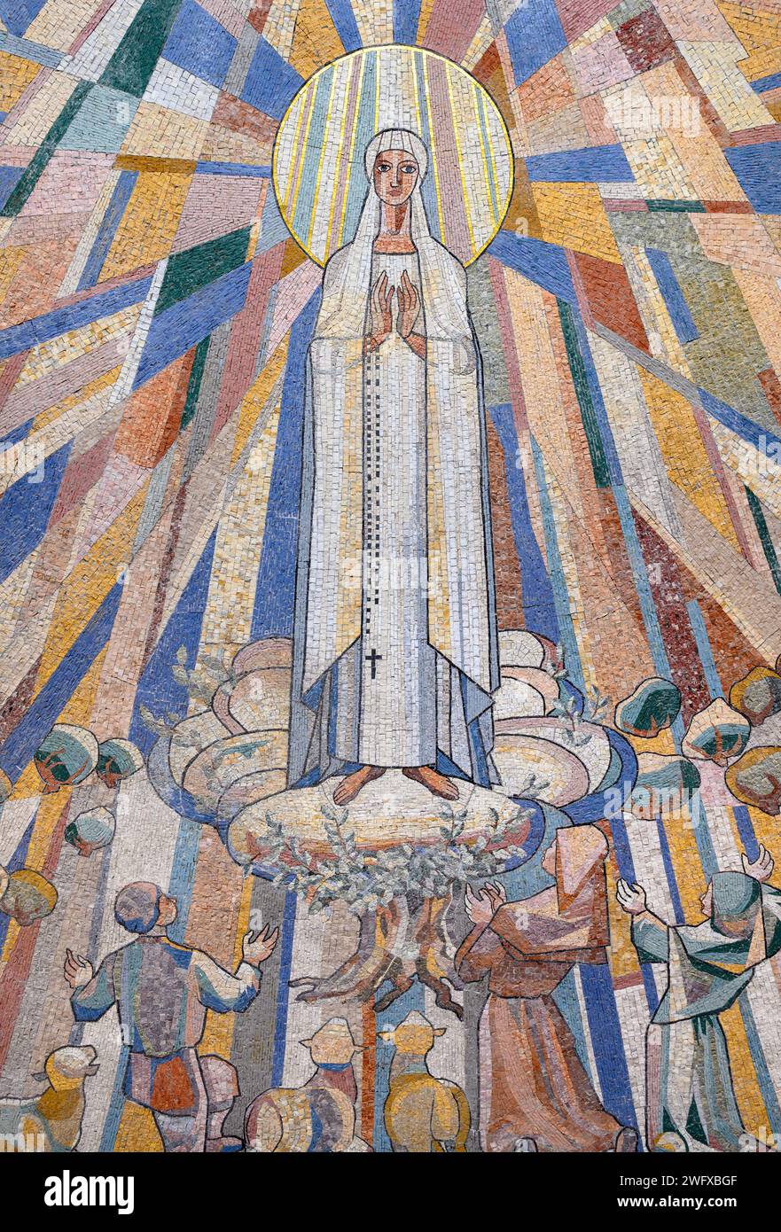 Our Lady of Fatima. A mosaic on the ceiling of St Stephen's Chapel in Fatima, Portugal. Stock Photo