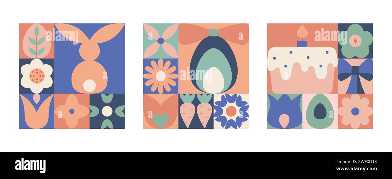 Abstract modern square easter geometric cards, banners. Spring, easter postcards with flowers, bunny, eggs. Stock Vector