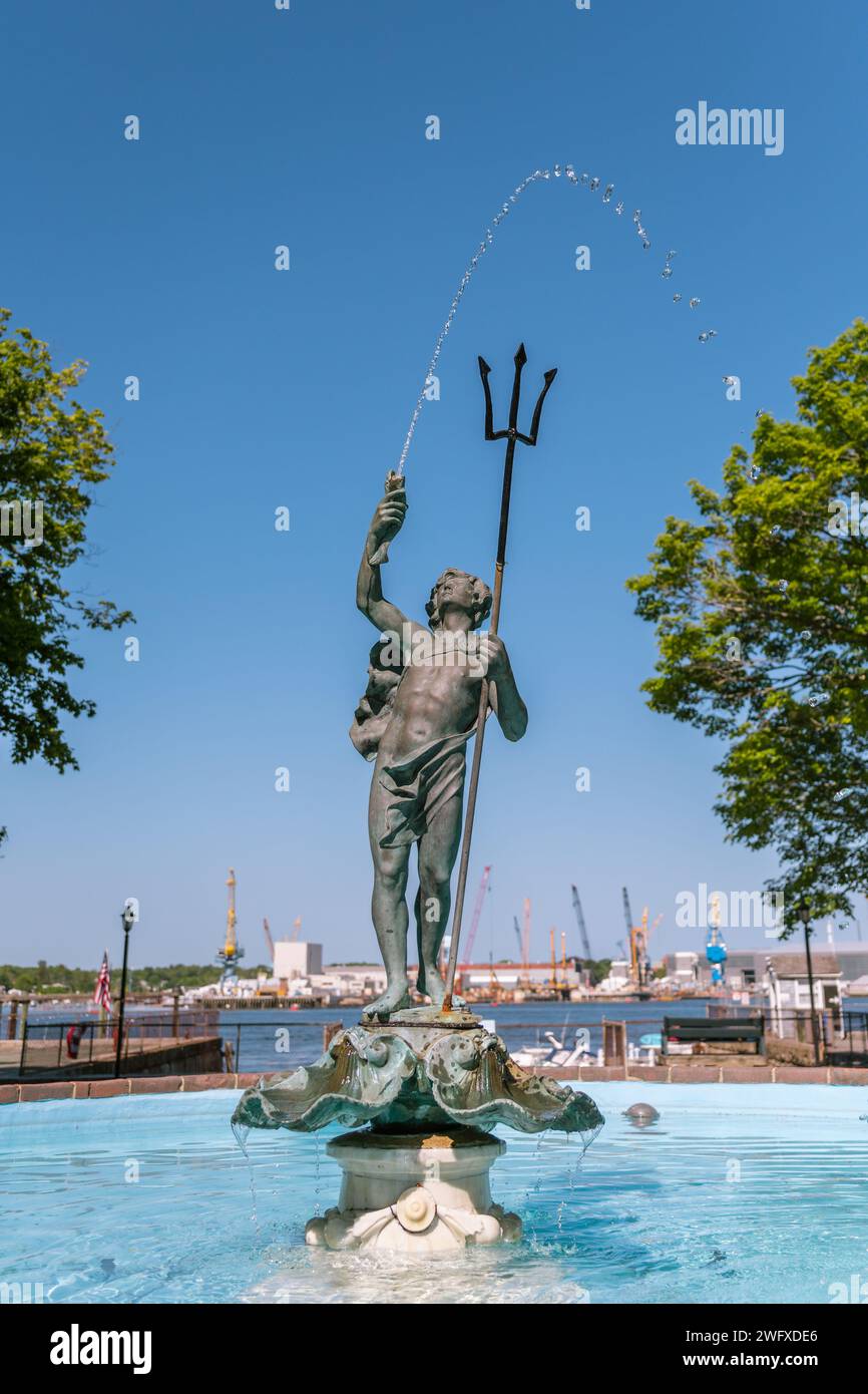Portsmouth, NH, USA. July 12, 2023 Statue of Young Neptune, Prescott
